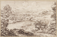 K VI 100
<br/>
Rivierlandschap met waterval in de verte
<br/>
<em>Onofri, Crescenzio (1634-1714)</em>